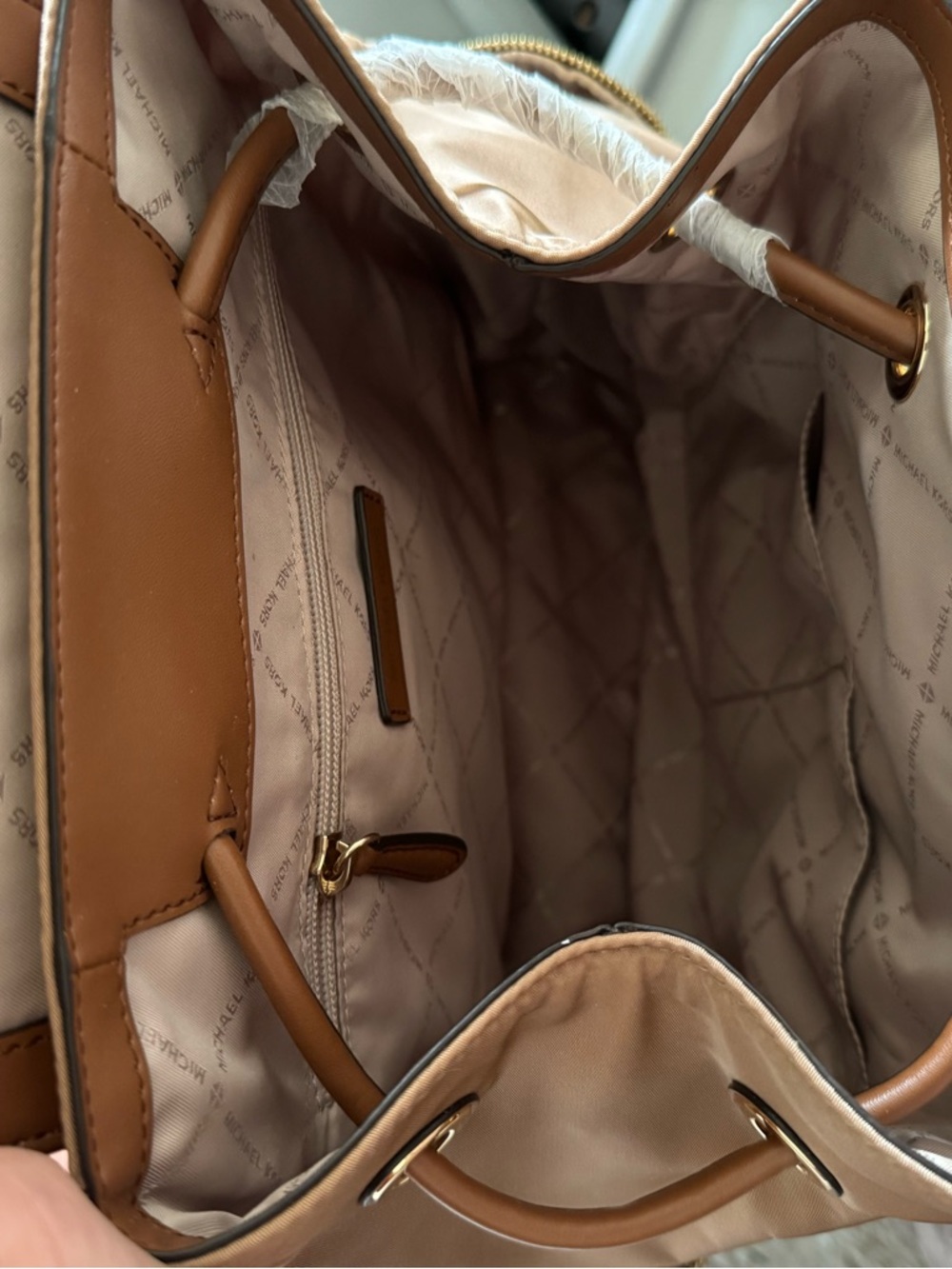 Michael Kors Brown Tan Leather-Trim Backpack - Picture 5 of 6